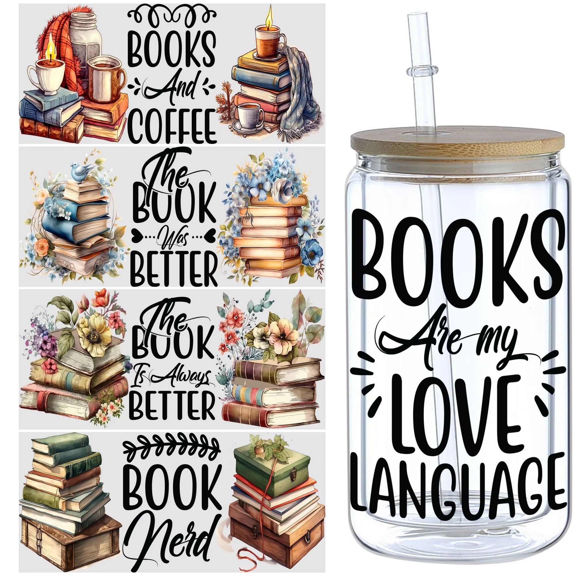 5 Sheets Vintage Book UV DTF Cup Stickers, DTF Friction Transfer Stickers, Waterproof Book Transfer Stickers for 16oz Glass Cup