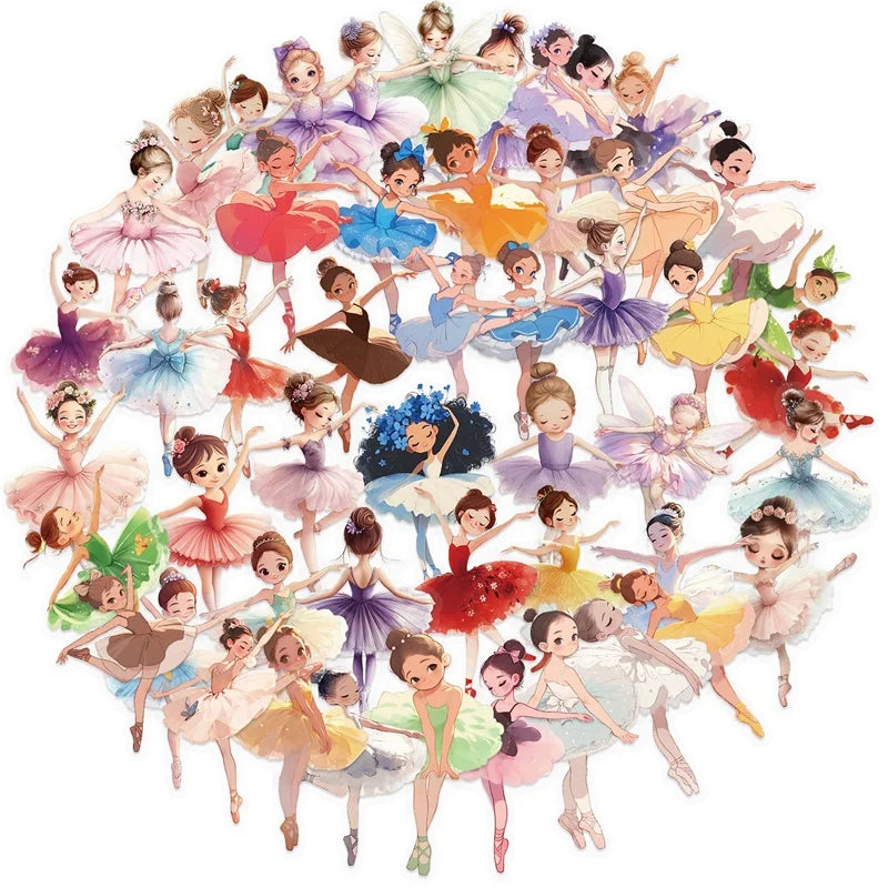 50PCS Cartoon Ballet Girl PET Sticky Sticker Aesthetic Tear Open DIY Decoration Scrapbooking Stationery Supplies for Kids