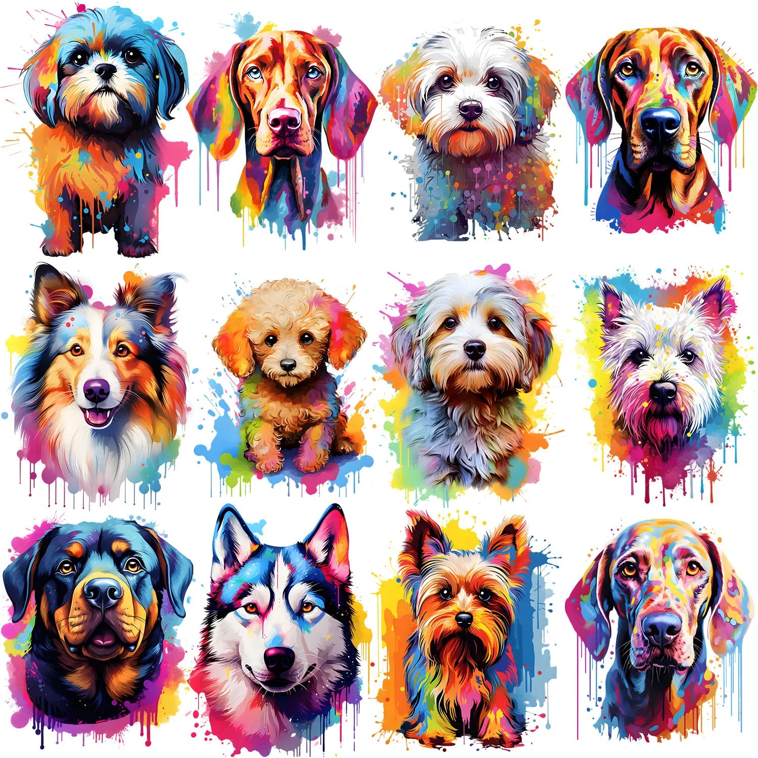 9/12pcs Watercolor Theme Cute Puppy Series Iron-On Transfer Sticker, Design Decals Heat Press Decals, Vinyl Heat Transfer Patche