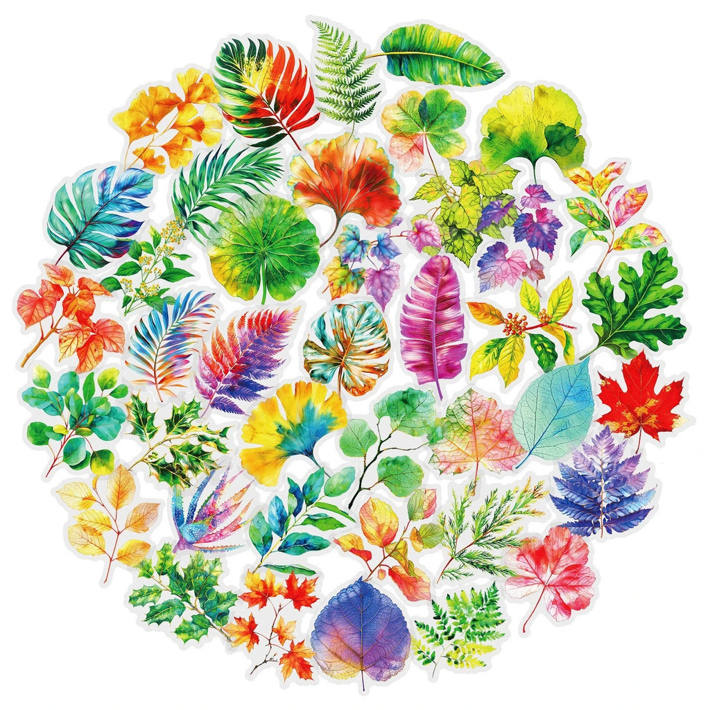 50PCS Colorful Leaf PET Stickers Plant Leaf DIY Hand Tent Material Decorative Stickers Children's Stationery Stickers