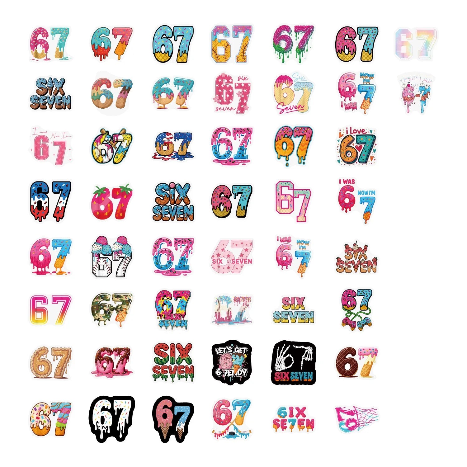 50/100Pcs Cartoon Number 67 Aesthetic Doodle Stickers, School Supplies Stationery Decal Notebook Phone Fridge Waterproof Sticker