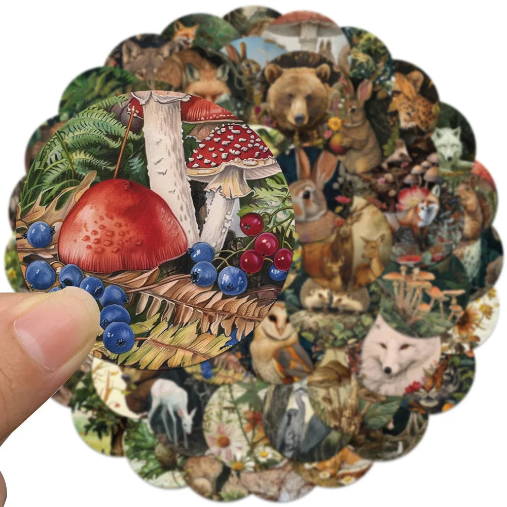 50pcs Retro Cartoon Aesthetic Forest Plants Animals Stickers Graffiti For Laptop Water Bottle Luggage Notebook Decals