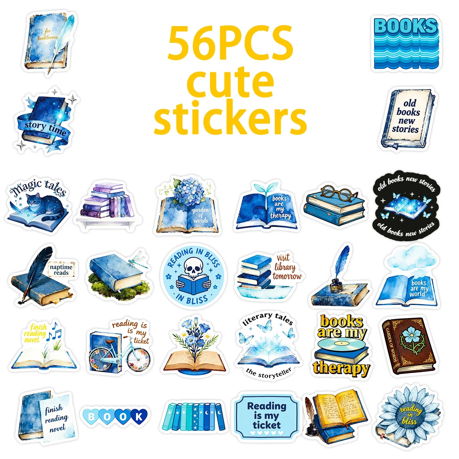 56PCS Bookshelf Therapy Doodle Stickers, Blue Reading Theme Student Stationery Notebook Suitcase DIY Decorative Art Sticker
