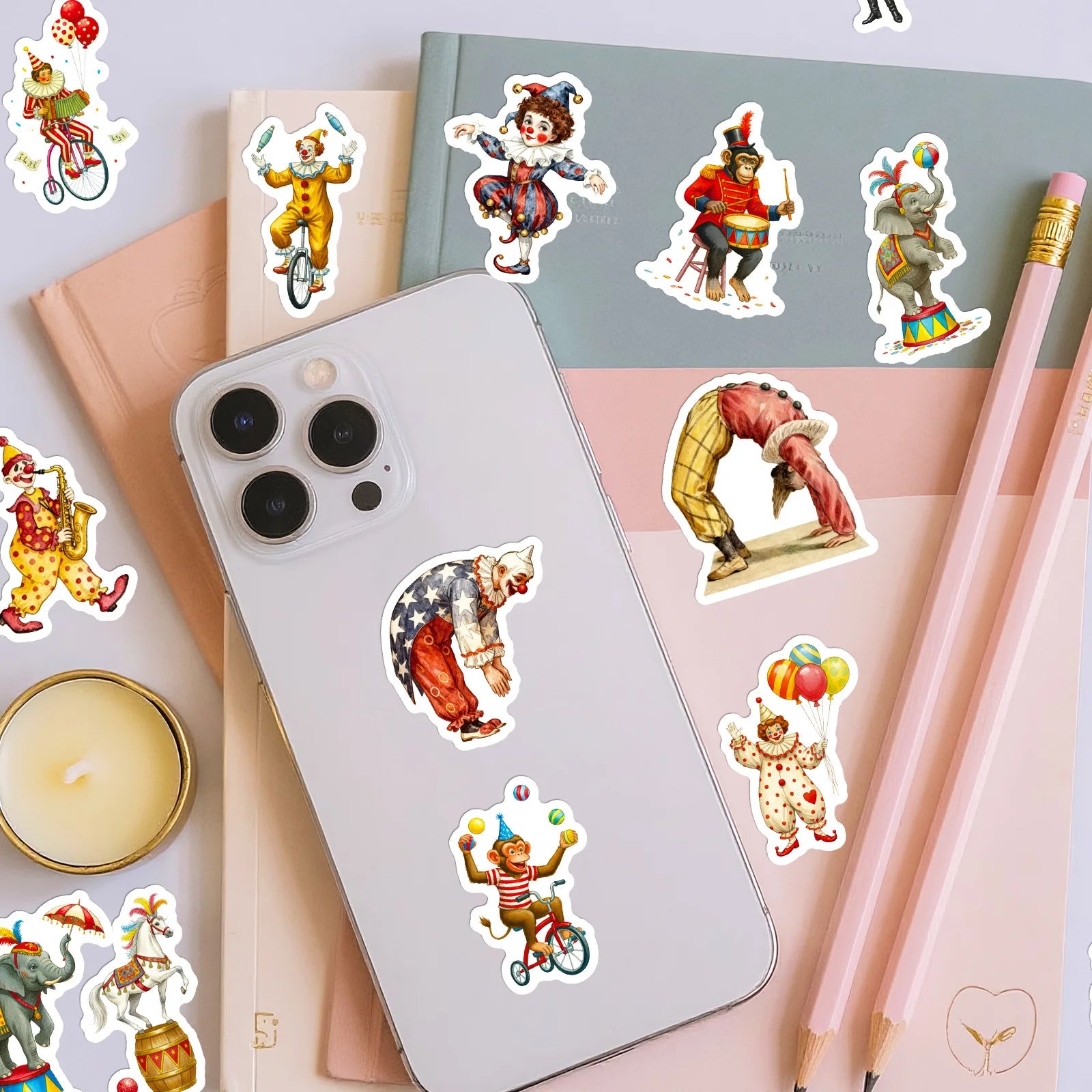 56PCS Circus Clown Animal Vintage Cartoon Stickers, Notebook Phone Suitcase Kids Stationery Creative Waterproof Stickers