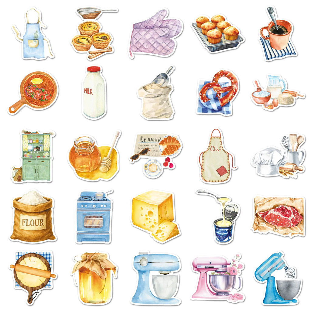 50Pcs Kitchen Baking Cartoon Food Doodle Stickers Stationery Laptop Phone Guitar Fridge Water Cup Skateboard DIY Sticker