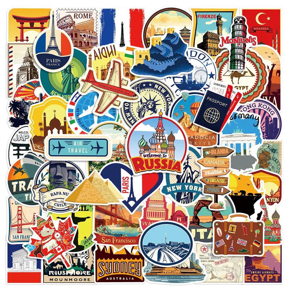 50/100PCS Cartoon World Travel Graffiti Stickers Luggage Car Notebook Skateboard Phone Waterproof Stationery Decor Sticker