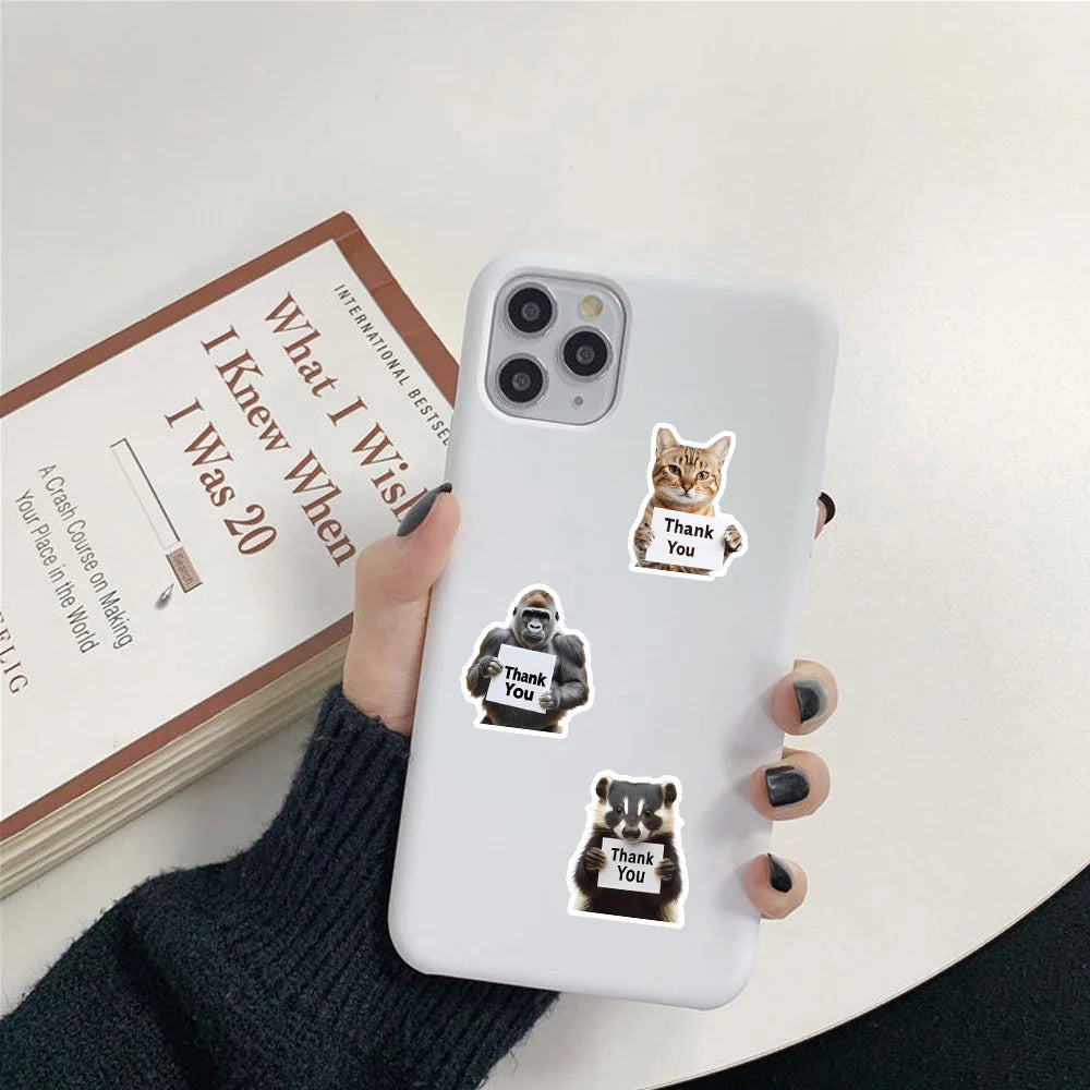 50-Pack Realistic Animal Holding THANK YOU Stickers for Notebook Water Cup Stationery Box Luggage Decoration