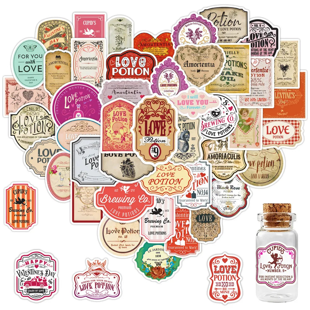 50-Pack Valentine's Day Decal Stickers for Water Bottles Laptops Mobiles Suitcases Guitars Waterproof Graffiti Stickers