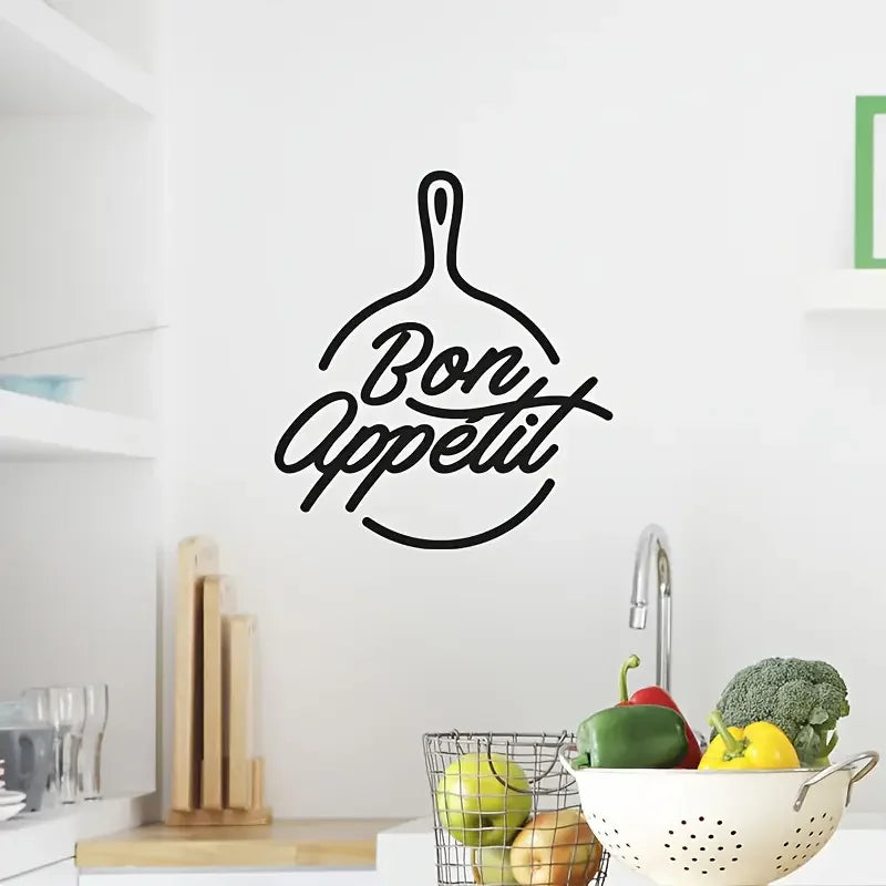 Bon Appétit" Elegant Black Vinyl Wall Decal - Removable, Self-Adhesive Kitchen Quote Art Sticker with Chef'S Hat & Whisk Design,