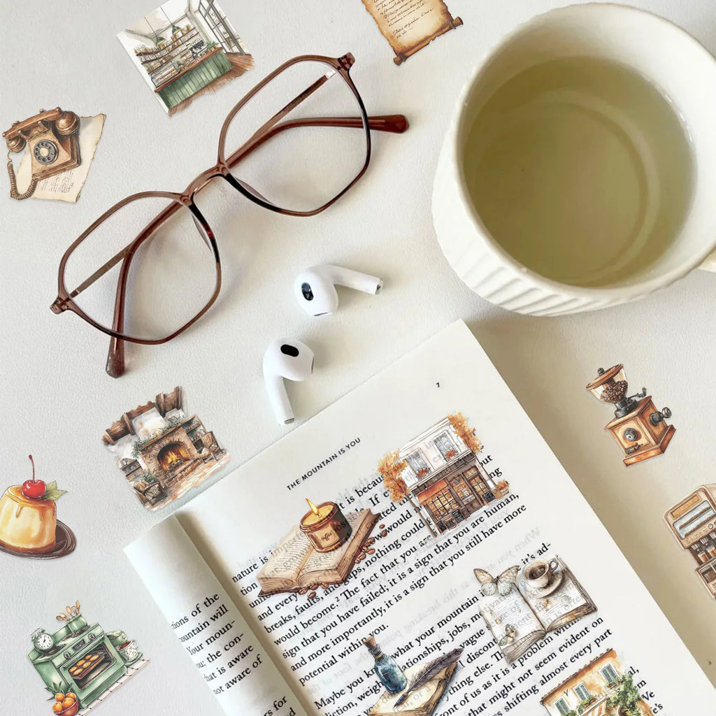 50/100Pcs Cartoon Coffee Book Theme Sticker Pack Waterproof Transparent PET Decor Decals Stationery Guitar Notebook Sticker