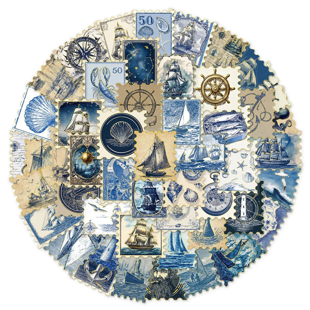 50PCS Composite Marine Blue Stamp Decoration Stickers Computer Scrapbook Refrigerator Phone Case Decoration Hot Stamping Sticker