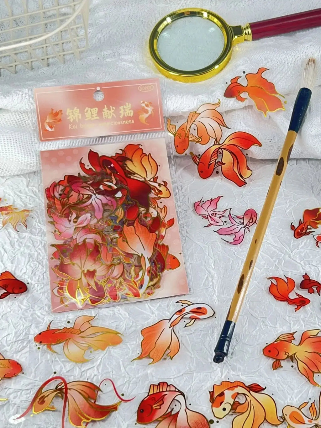 50/100 Pcs Exquisite Cartoon Gold Foil Koi PET Clear Waterproof Stickers for Phone Window Lunch Box Helmet Guitar Piano Laptop