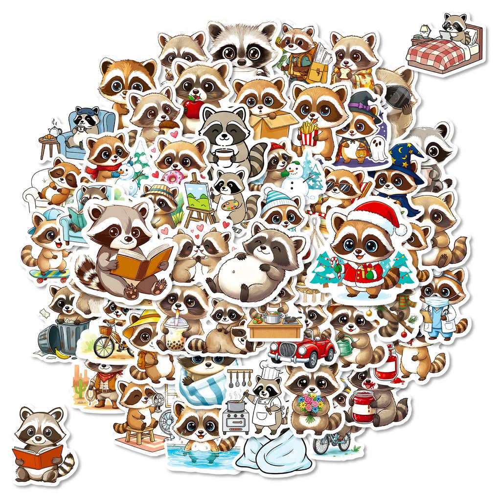 56/112 Pcs Cartoon Raccoon Theme Stickers Reusable for Reward Cup Stationery Box File Holder Desk Fridge Helmet