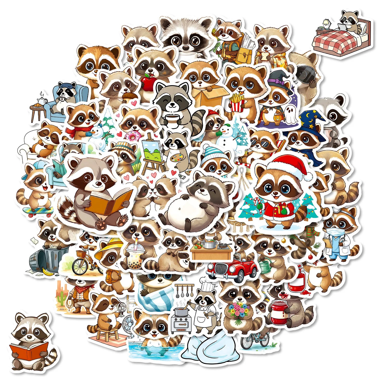 56/112 Pcs Cartoon Raccoon Theme Stickers Reusable for Reward Cup Stationery Box File Holder Desk Fridge Helmet