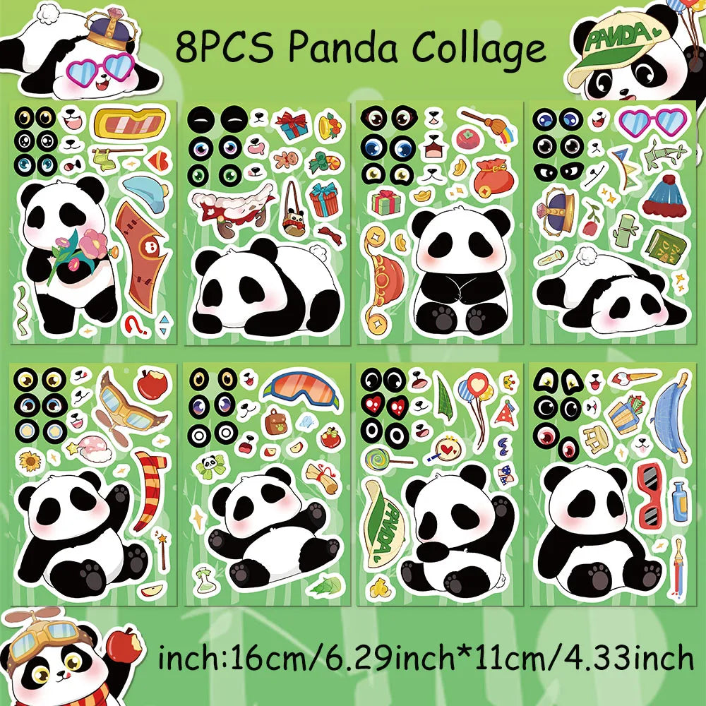 8PCS Cartoon Cute Panda Collage Toy DIY Puzzle Stickers Luggage Tablet Computer Speaker Skateboard Waterproof Stickers