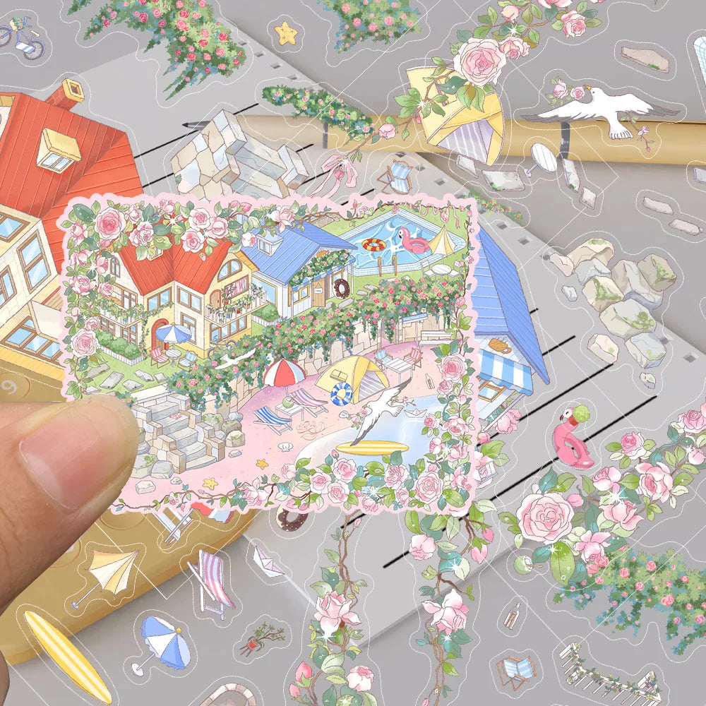 3PCS The Coast of Rose Landscaping Miniature Scene Sticker Aesthetic Casual Skateboard Art Picture Cafe Decoration Stickers