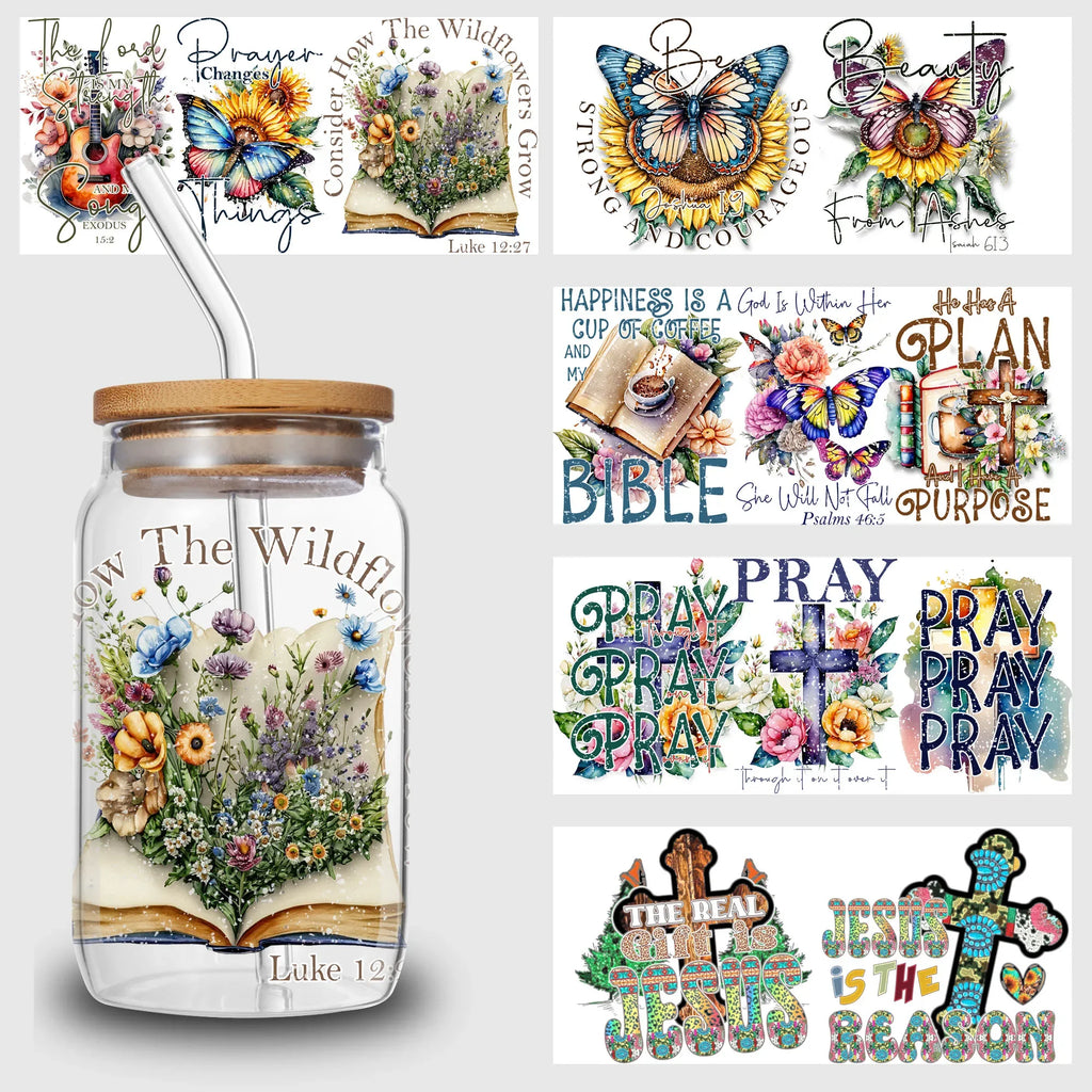 5 sheets Inspiring UV DTF Cup Stickers, Glass DTF Transfer Stickers, Waterproof Plant Wipe Transfer Paper for 16oz Glass, Mug,