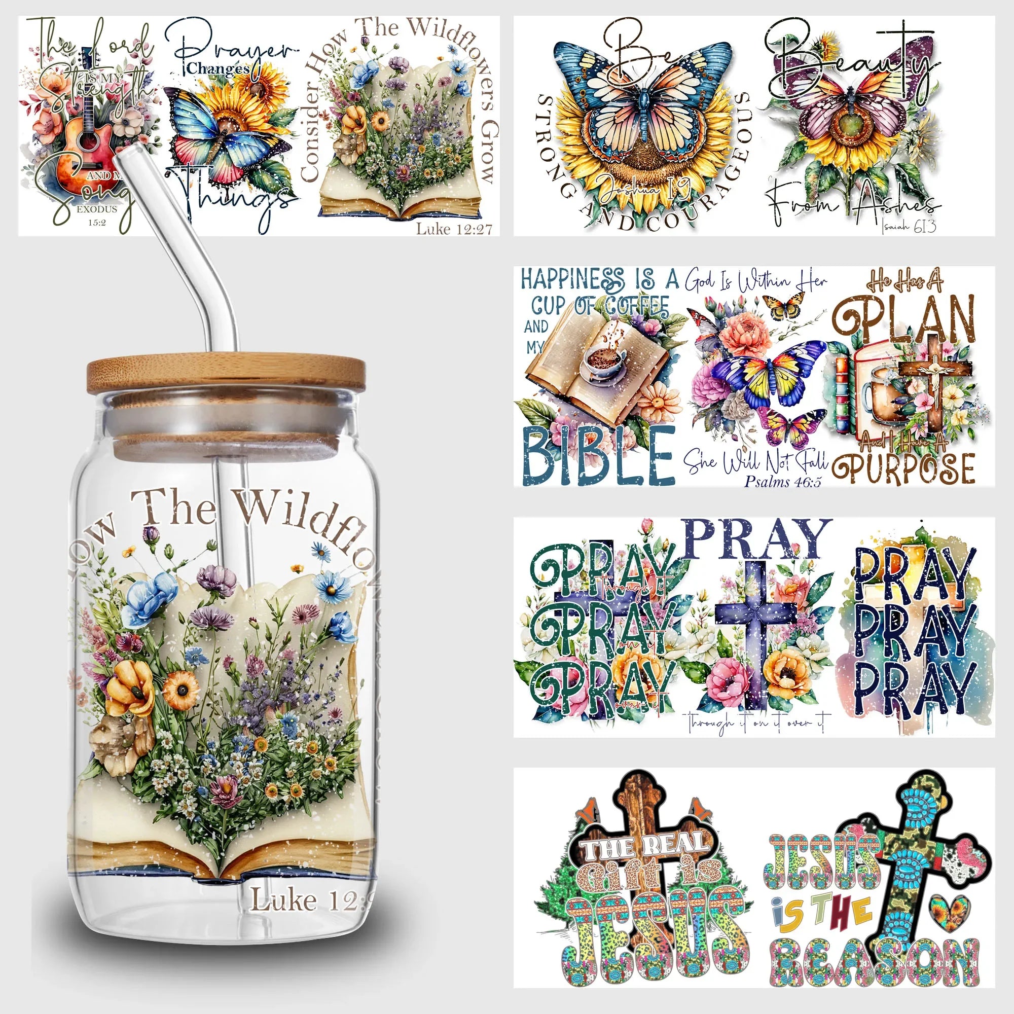 5 sheets Inspiring UV DTF Cup Stickers, Glass DTF Transfer Stickers, Waterproof Plant Wipe Transfer Paper for 16oz Glass, Mug,