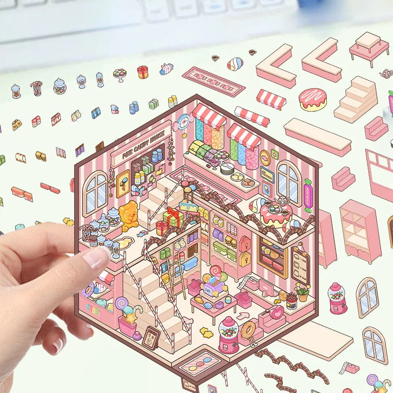 3D Cartoon Landscape Stickers Pink Candy House Miniature World 3D Small House Decompression DIY Scene Hand Account Stickers