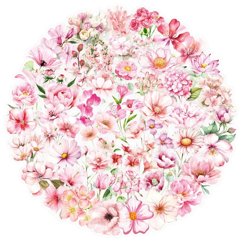 50PCS Cute Pink Flower PET Sticky Sticker Aesthetic Tear Open DIY Decoration Scrapbooking Stationery Supplies for Kids
