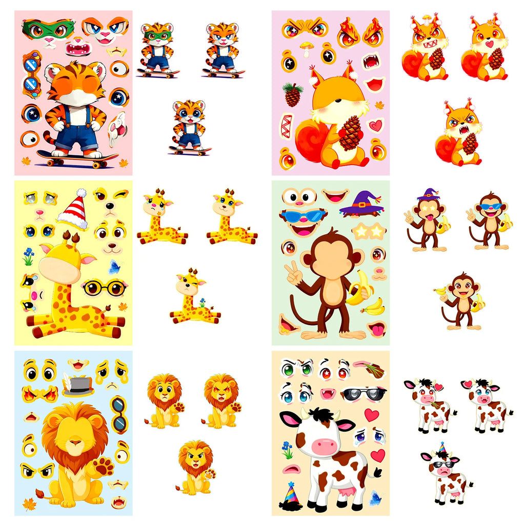 6/12 Pcs Big Eye Animal Cartoon Puzzle Face Swap Make a Face Stickers DIY Toys for Fridge Notebook Suitcase Removable Decals