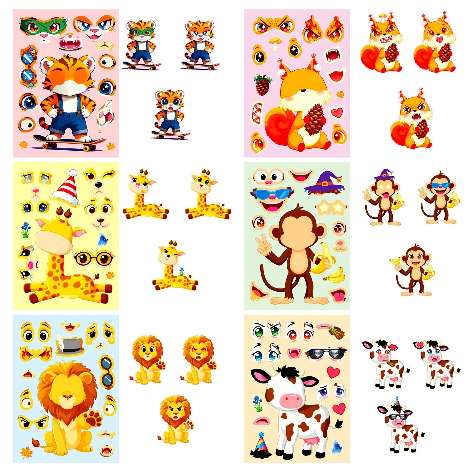 6/12 Pcs Big Eye Animal Cartoon Puzzle Face Swap Make a Face Stickers DIY Toys for Fridge Notebook Suitcase Removable Decals