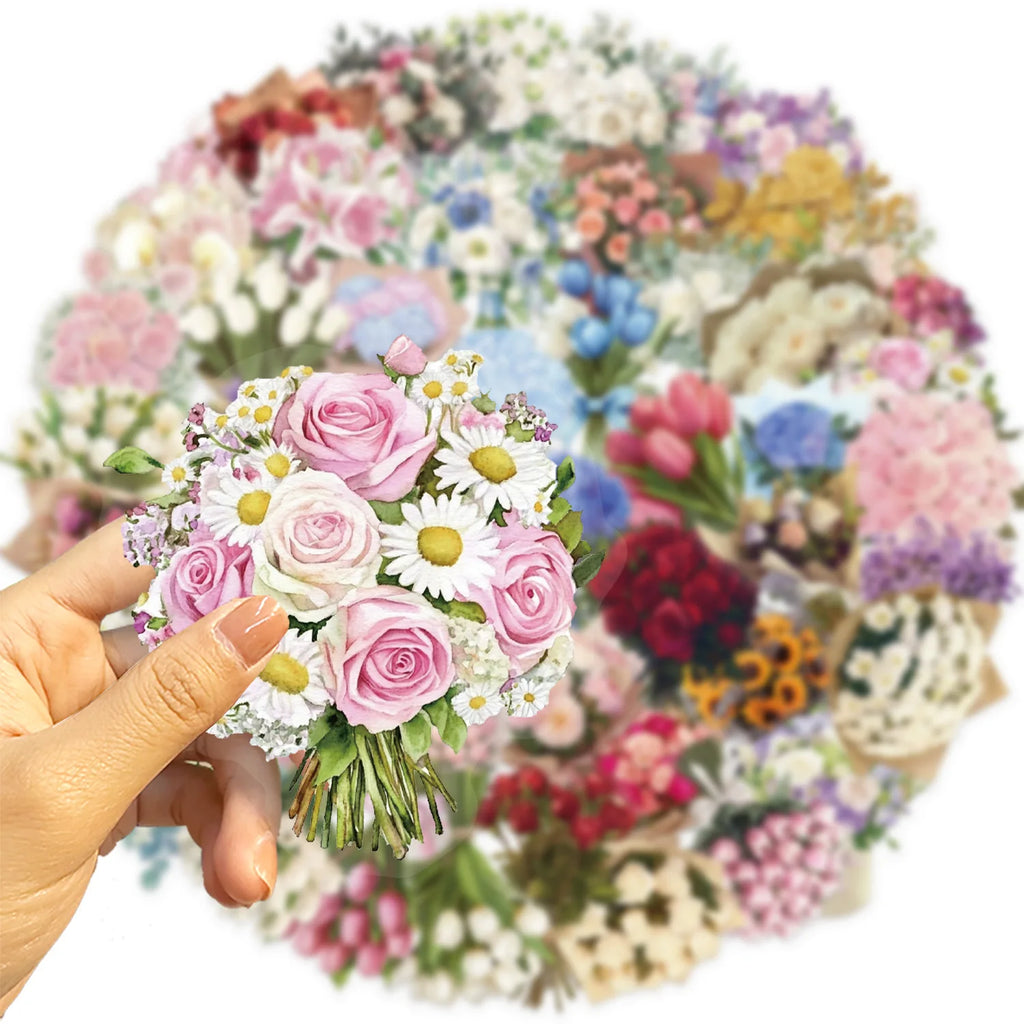 50PCS Cartoon Satin Dream Flower Gift Sticker Pack Waterproof Transparent PET Decor Notebook Stationery Pen Holder Stickers
