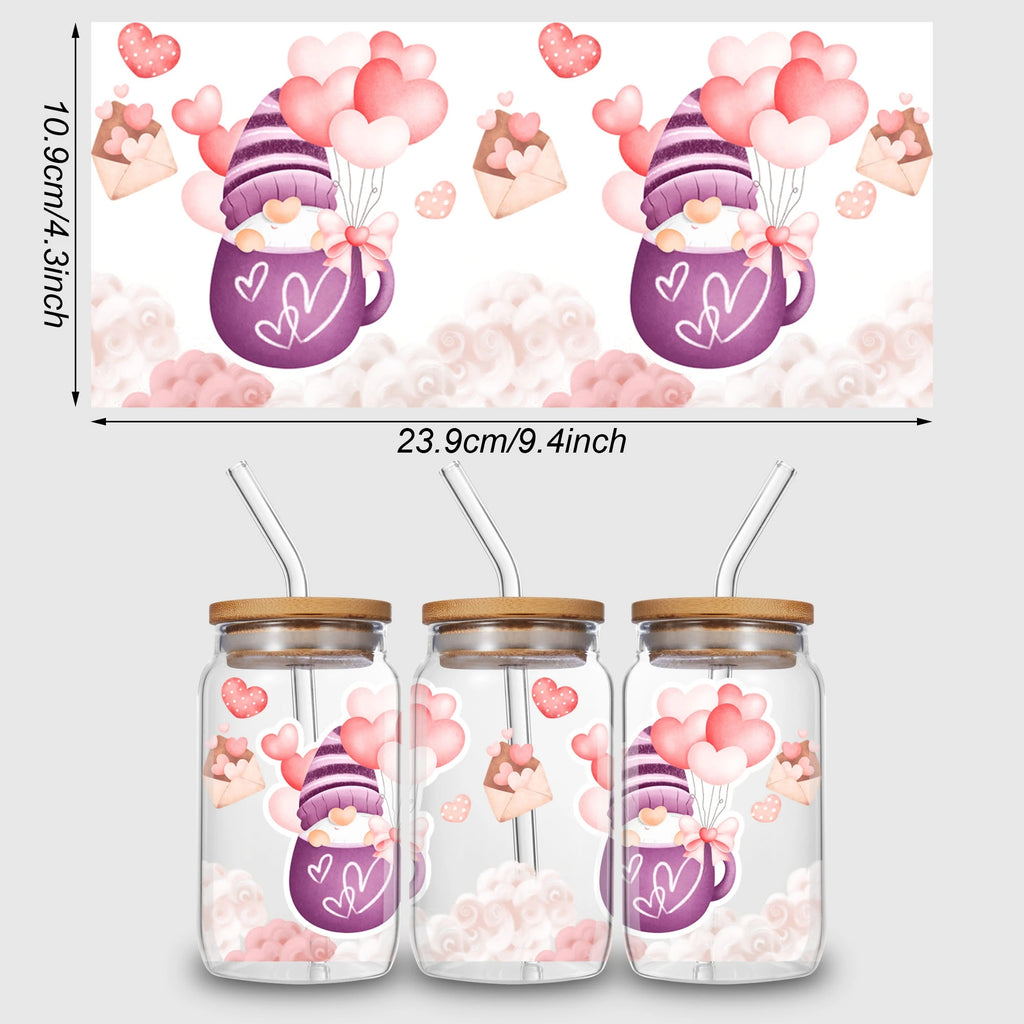 5 sheets Valentine's Day UV DTF Cup Stickers, DTF Friction Transfer Stickers, Waterproof Transfer Stickers for 16oz Glass Cups