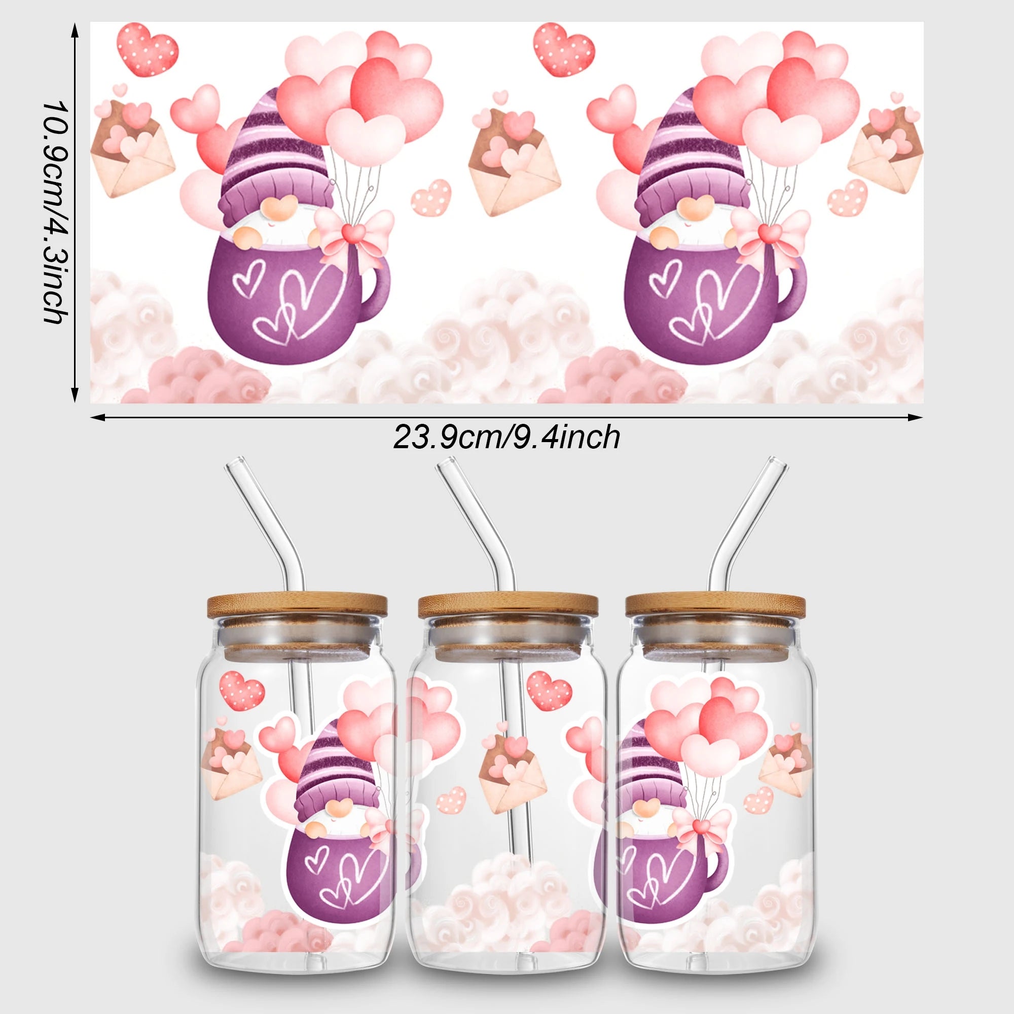 5 sheets Valentine's Day UV DTF Cup Stickers, DTF Friction Transfer Stickers, Waterproof Transfer Stickers for 16oz Glass Cups