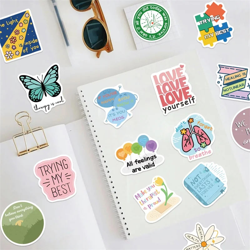 10/30/50PCS Cartoon Mental Health PVC Sticky Sticker Aesthetic DIY Stationery Decoration Scrapbooking School Supplies for Kids