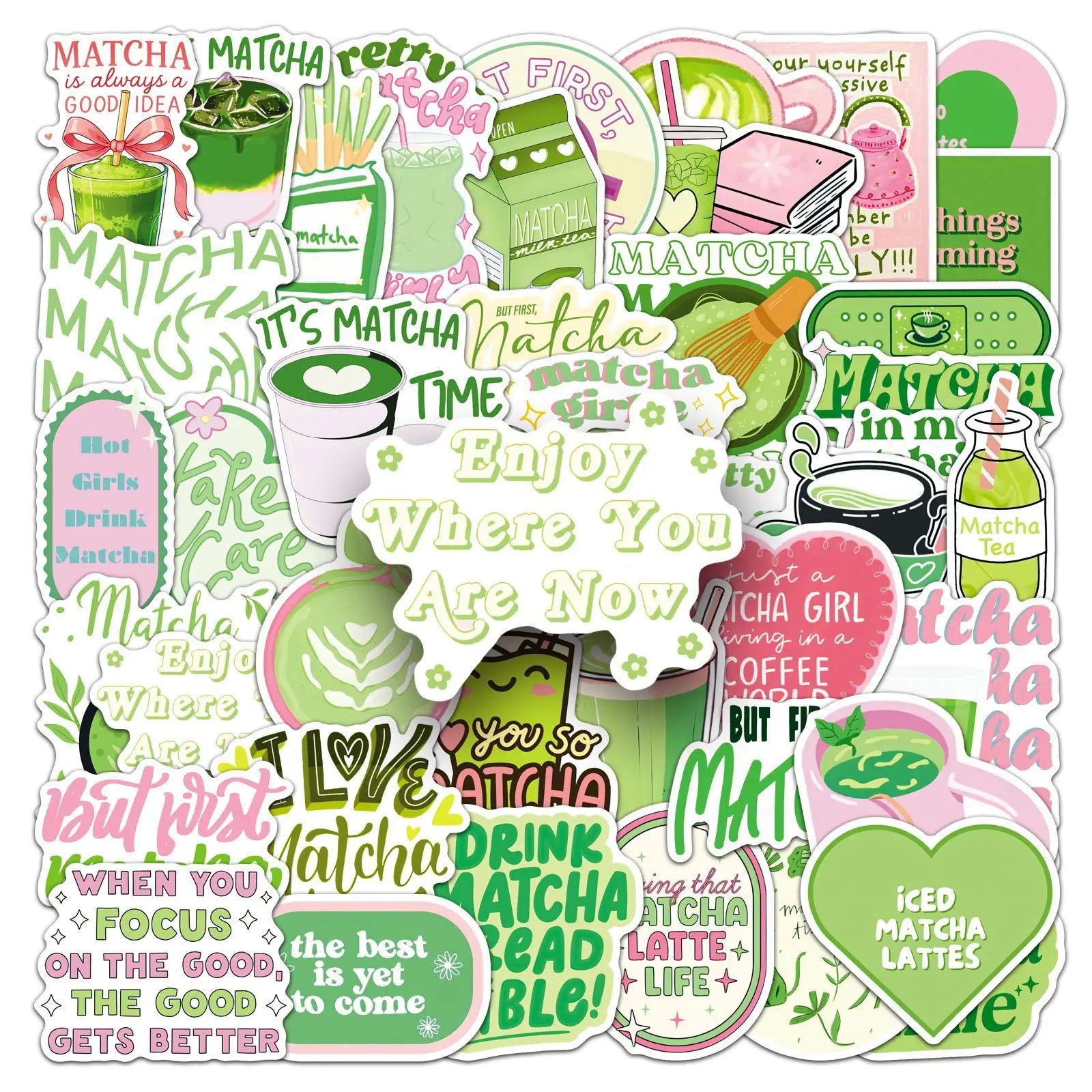 50-Pack Green Matcha Motivational Aesthetic Stickers Waterproof Decorations for Phone Case Water Bottle Stationery Notebook