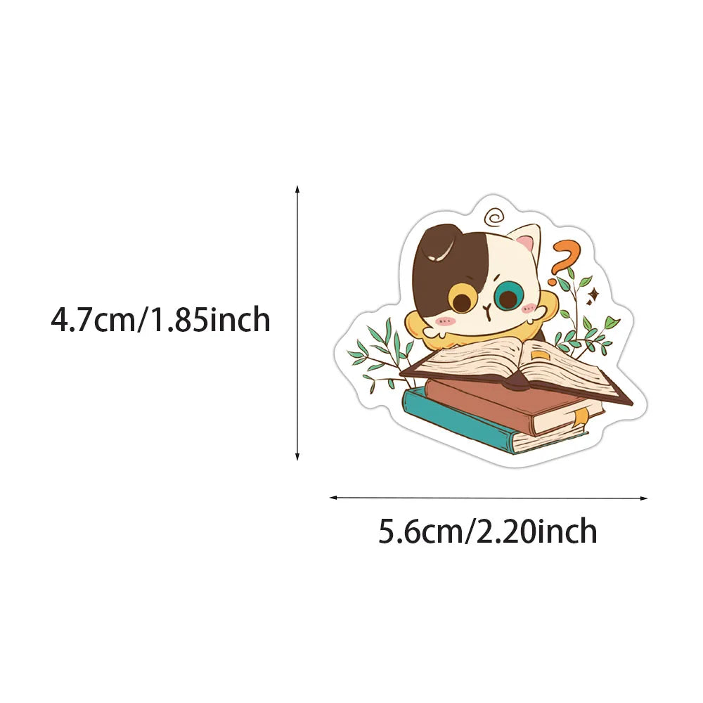 60PCS Reading Cat and Book Stickers Computer Decoration Luggage Stickers Handbooks Cute Series Materials Waterproof Stickers