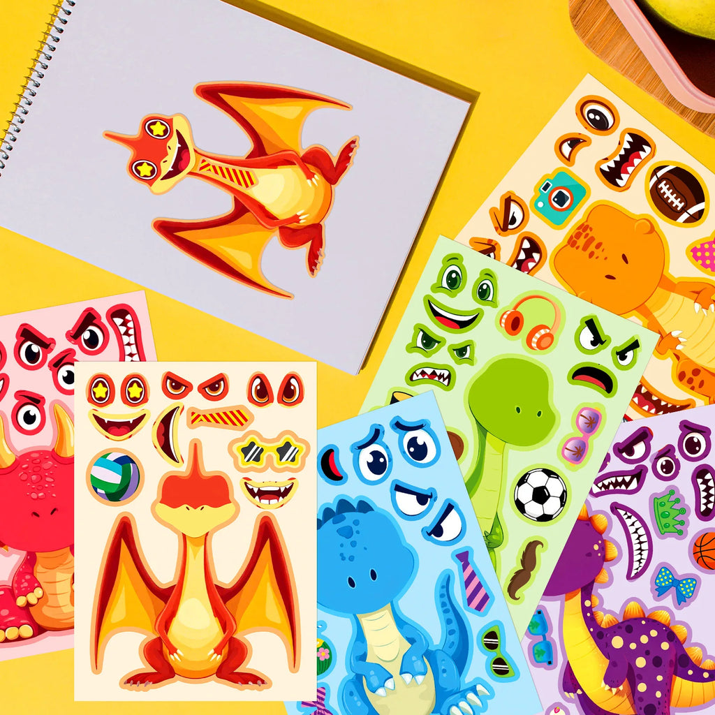 6/12PCS Dinosaur Puzzle Face Changing Stickers Cute Cartoon Children's Toys Stationery Reward Stickers