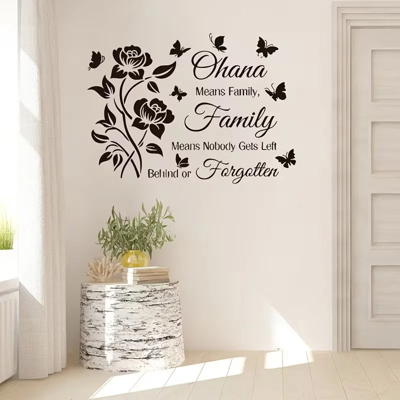 One Ohana Family Quote Wall Sticker | Roses & Butterflies Design | Home Decor Art Set for Indoors, Windows, Doorways, Mirrors &