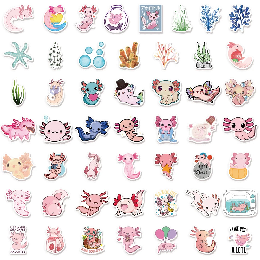 50/100PCS Axolotl Graffiti Stickers Cute Animal Cartoon Stickers Toy Suitcase Scrapbook Diary Mobile Laptop Sticker Pack