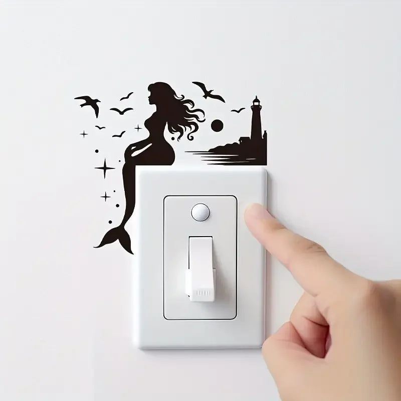 Home Decoration - Mermaid Ocean Lighthouse Black Silhouette Switch Stickers, Wall Stickers, Self Adhesive PVC Bedroom Wall Stick