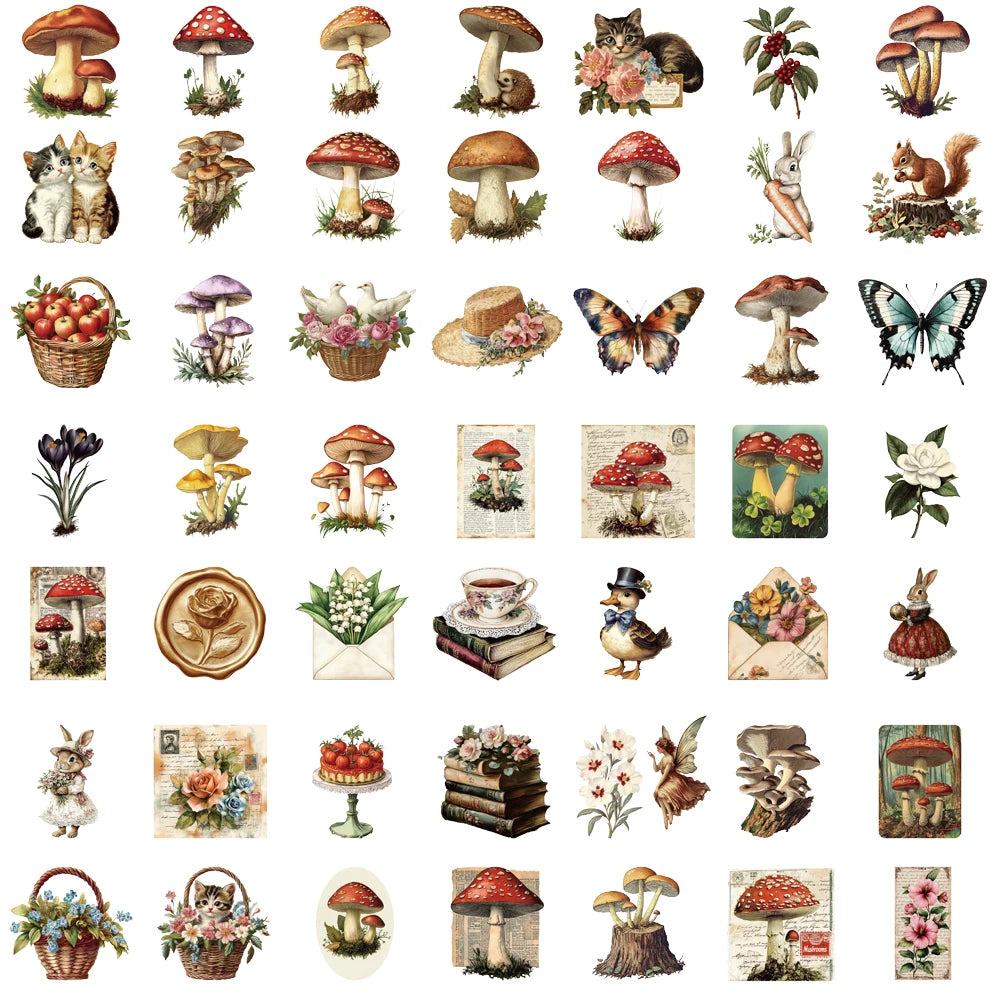 50/100PCS Retro Mushroom Sticker Harajuku Skateboard Transparent Laptop Bicycle Laptop Luggage Aesthetic Vintage Graffiti Decals