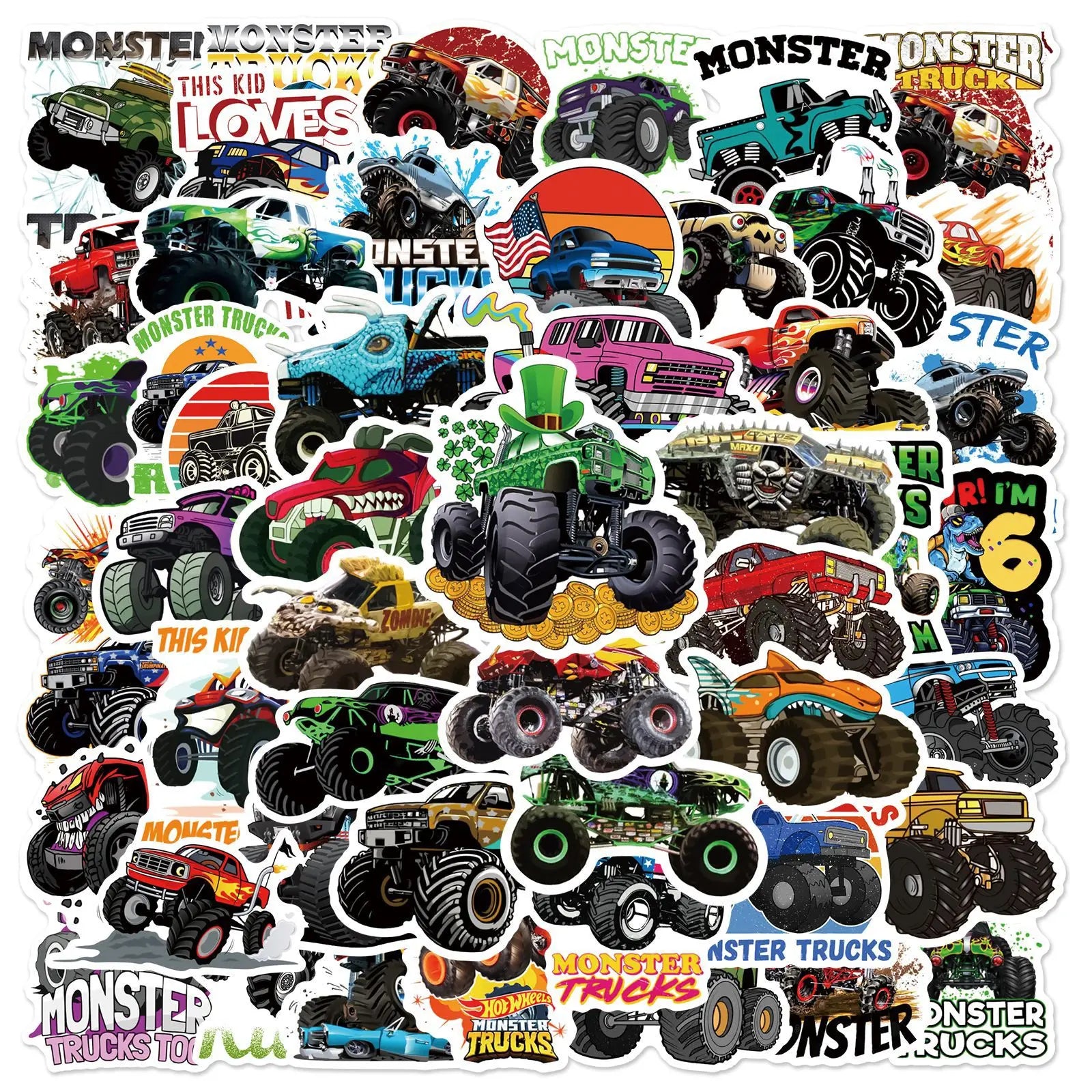 50PCS Monster Trucks Rule Graffiti Sticker Motorcycle Helmet Skateboard Toy Car Water Bottles Travel Case Laptop Waterproof Stic