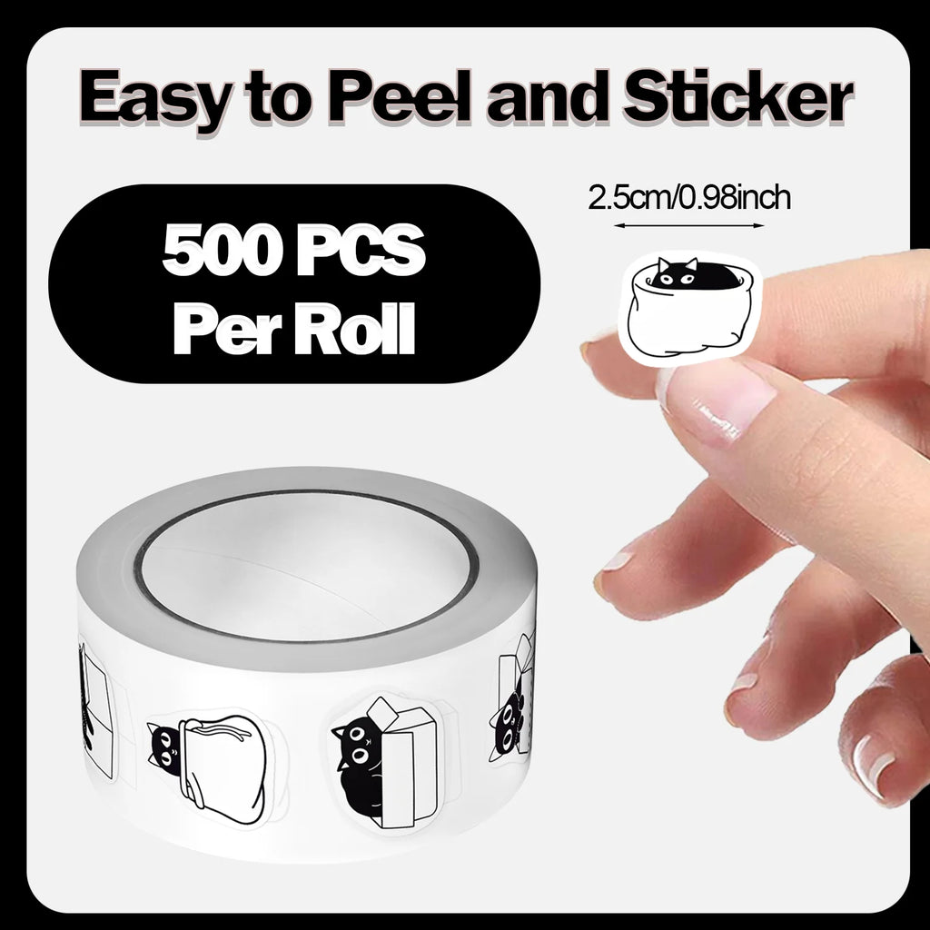 1Roll(500Pcs) Funning Black Cats Hiding and Seeking Stickers 2.5cm/1.0'' 8 Designs Decals Diy Adorn Gifts Packaging Home Decor