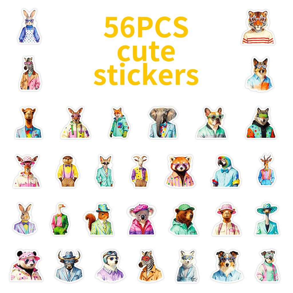 56/112 Pcs Trendy Animal in Doodles Stickers for Stationery Box Phone Laptop Skateboard Helmet Waterproof Stikers