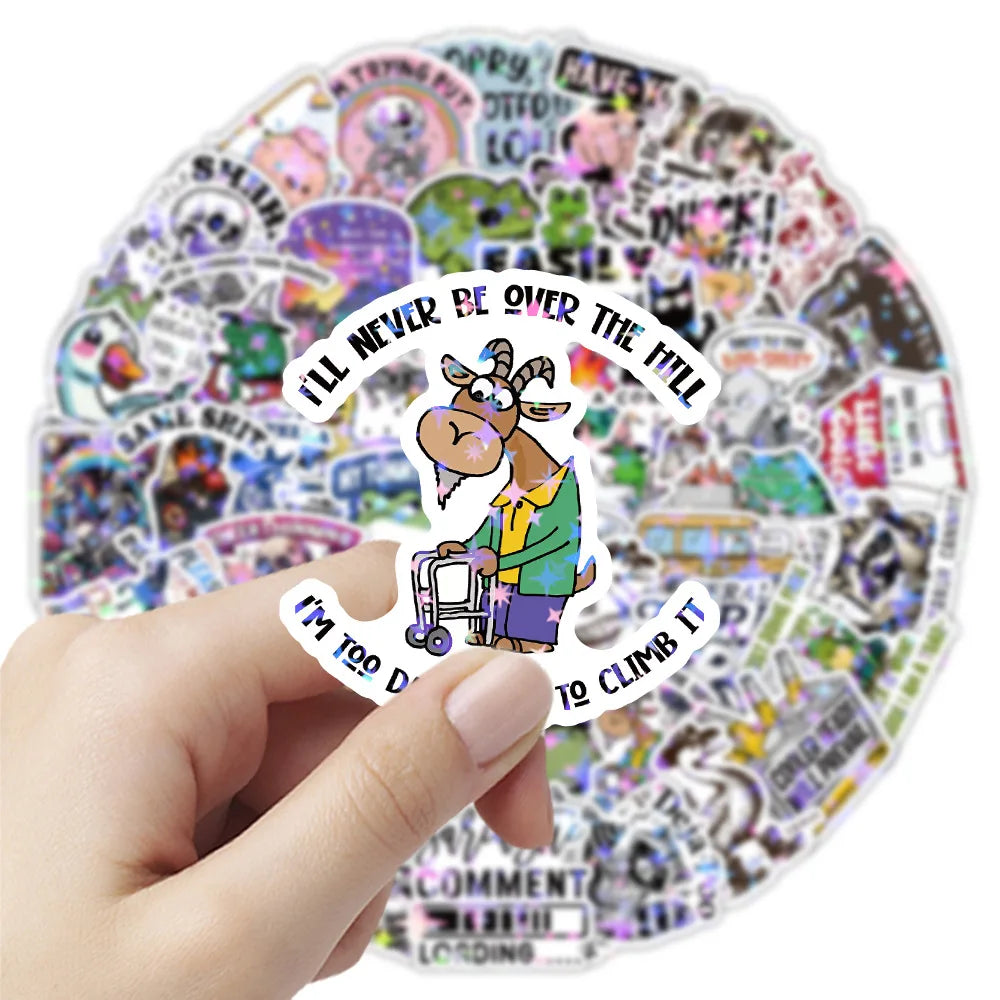 50/100PCS Cartoon Holographic Funny Animal Stickers English Satirical Quotes Graffiti Decor Waterproof Stationery Stickers