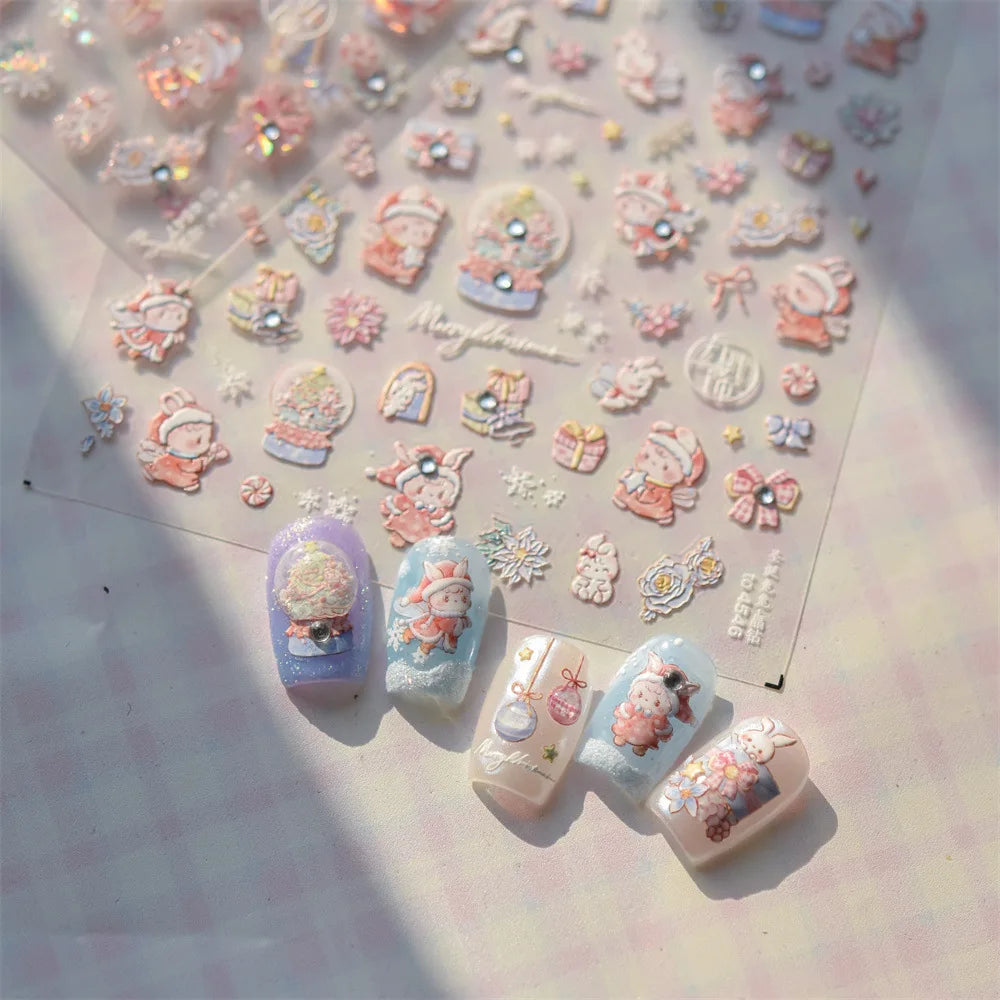 Luxury Crystal Diamond Nail Stickers 5D Cute Apple Christmas Tree Nail Decoration Stickers DIY 3D Happy New Year Manicure Decals