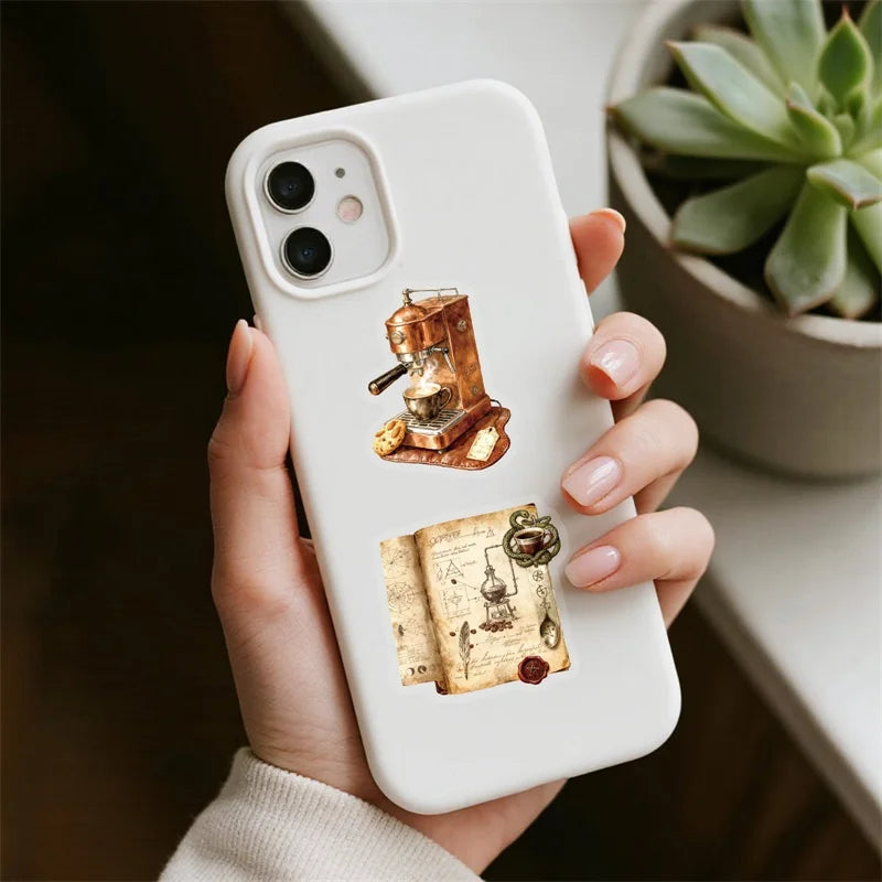 56PCS Vintage Coffee PET Phone Sticker Aesthetic Tear Open Decoration DIY Colored Laptop Luggage Graffiti Decals