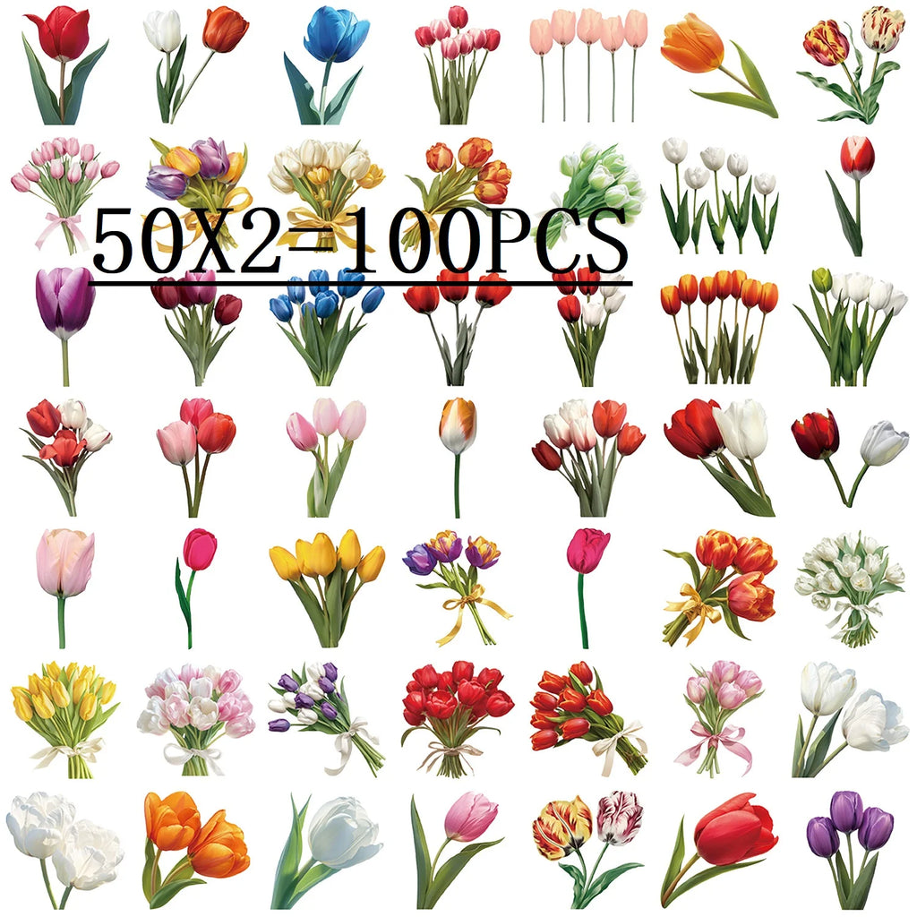 50/100 Tulip Stationery Notebook Pen Holder Sticker Pack Waterproof Transparent PET Decorative Guitar Stickers