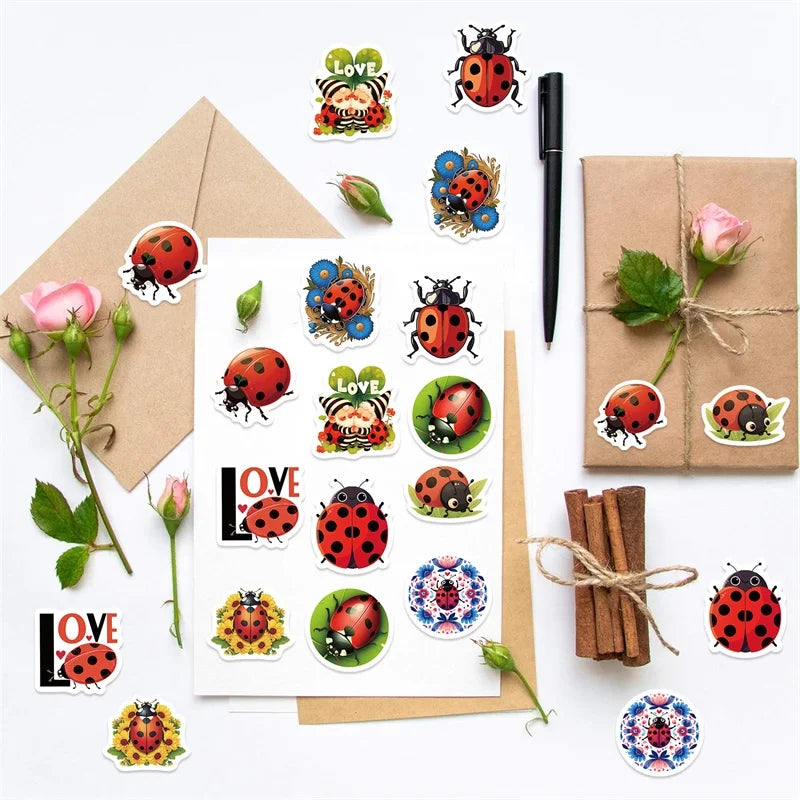 500PCS Kawaii Red Bug Sticky Paper Sticker Labels Thank You Sticker Sealing DIY Decoration Scrapbooking Supplies for Kids