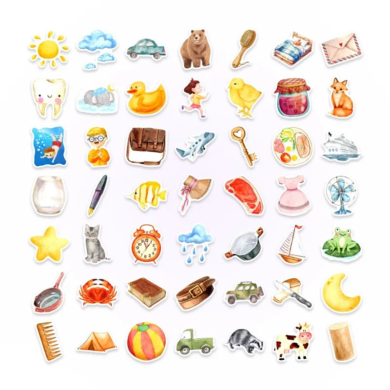 10/30/50PCS Cartoon Watercolor Sticky PVC Sticker Stationery DIY Laptop Luggage Skateboard Decoration Scrapbooking for Kids