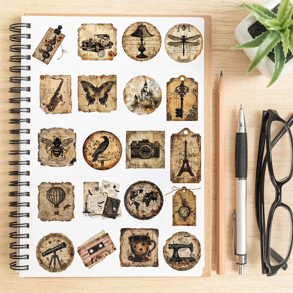 50/100PCS Vintage Label Sticker Nostalgia Harajuku Aesthetic Stationery Cafe Phone Supplies Guitar Community Dormitory Stickers