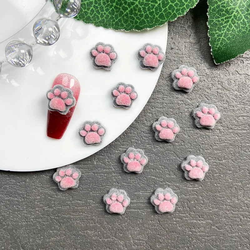 Winter Flocked Cat Paw Cartoon Nail Art Accessories Colorful 3D Bear Paw Resin Nail Charms DIY 10pcs Manicure Decorations Parts