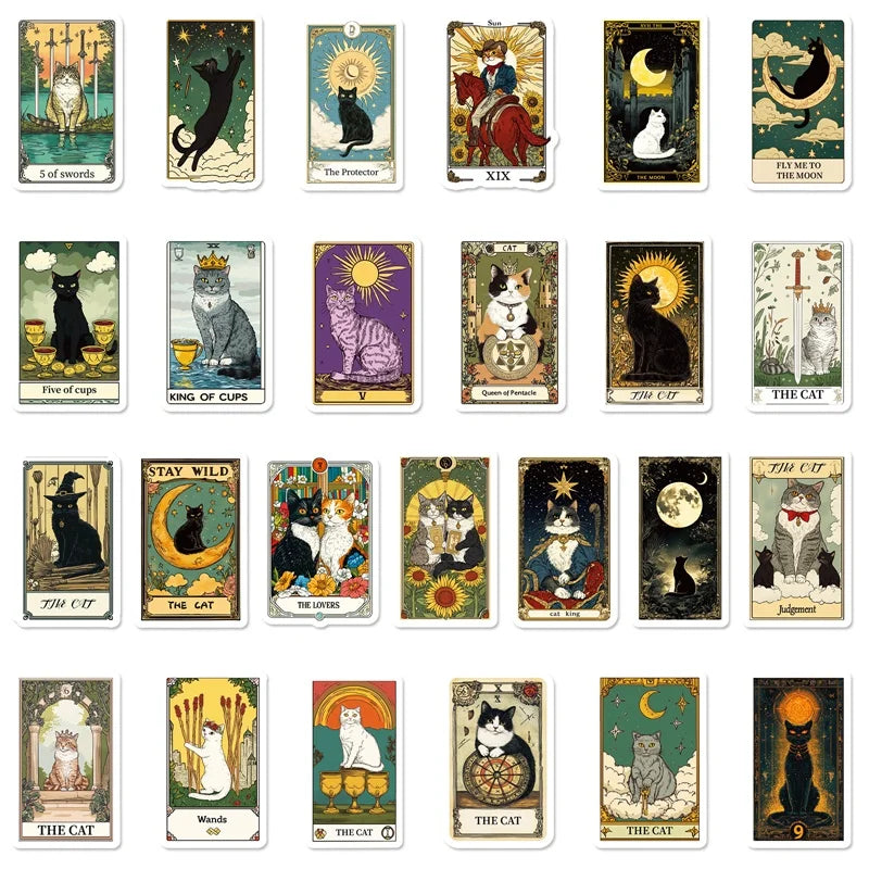 10/30/50PCS Vintage Tarot Cat Sticky PVC Sticker Aesthetic Children's Stationery DIY Decoration Scrapbooking School Supplies