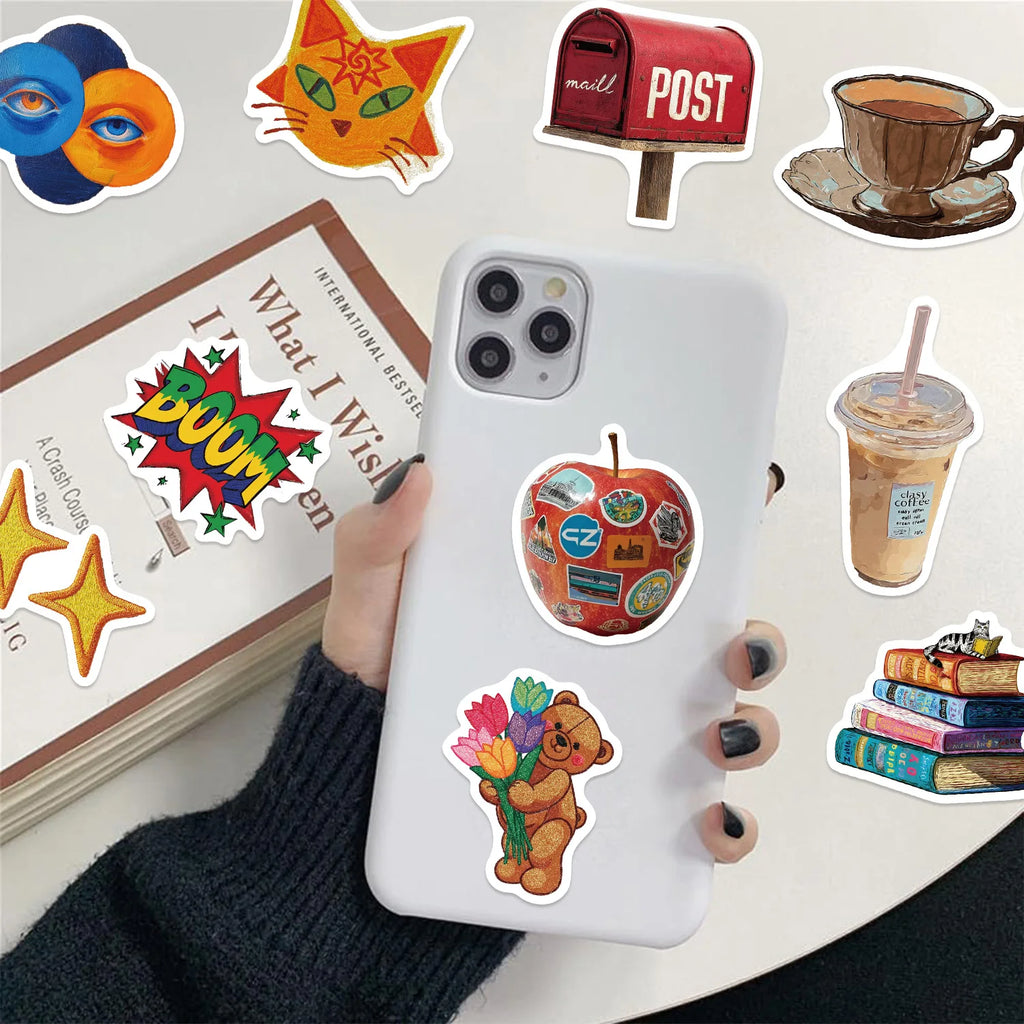 ‌50/100Pcs Retro Cartoon Aesthetic Stickers - Vintage Mix PET Waterproof Decals for Guitar, Piano, Fridge, Suitcase, Stationery
